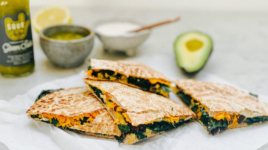 Quesadillas mit Süßkartoffel, Palmkohl & Dips